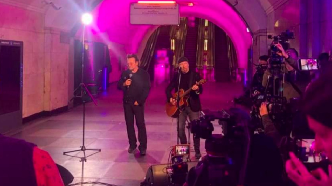 Bono and The Edge perform in Kyiv bomb shelter