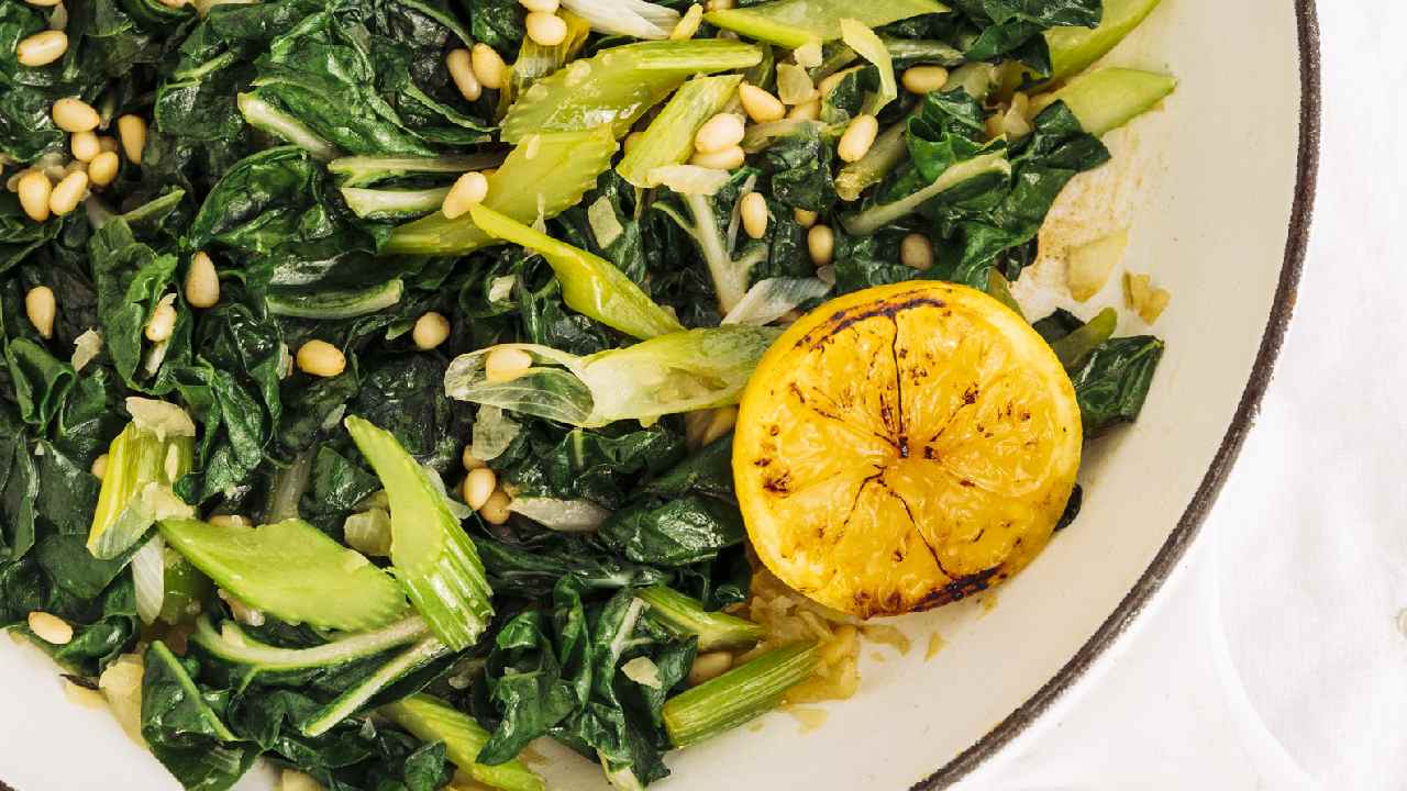 From a series of recipes designed by Xali: Sauteed silverbeet with celery and toasted pine nuts