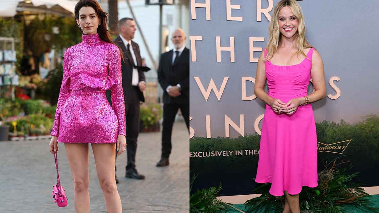 Anne Hathaway Wears a Barbie Pink Mini Dress at Valentino's Haute Couture  Show