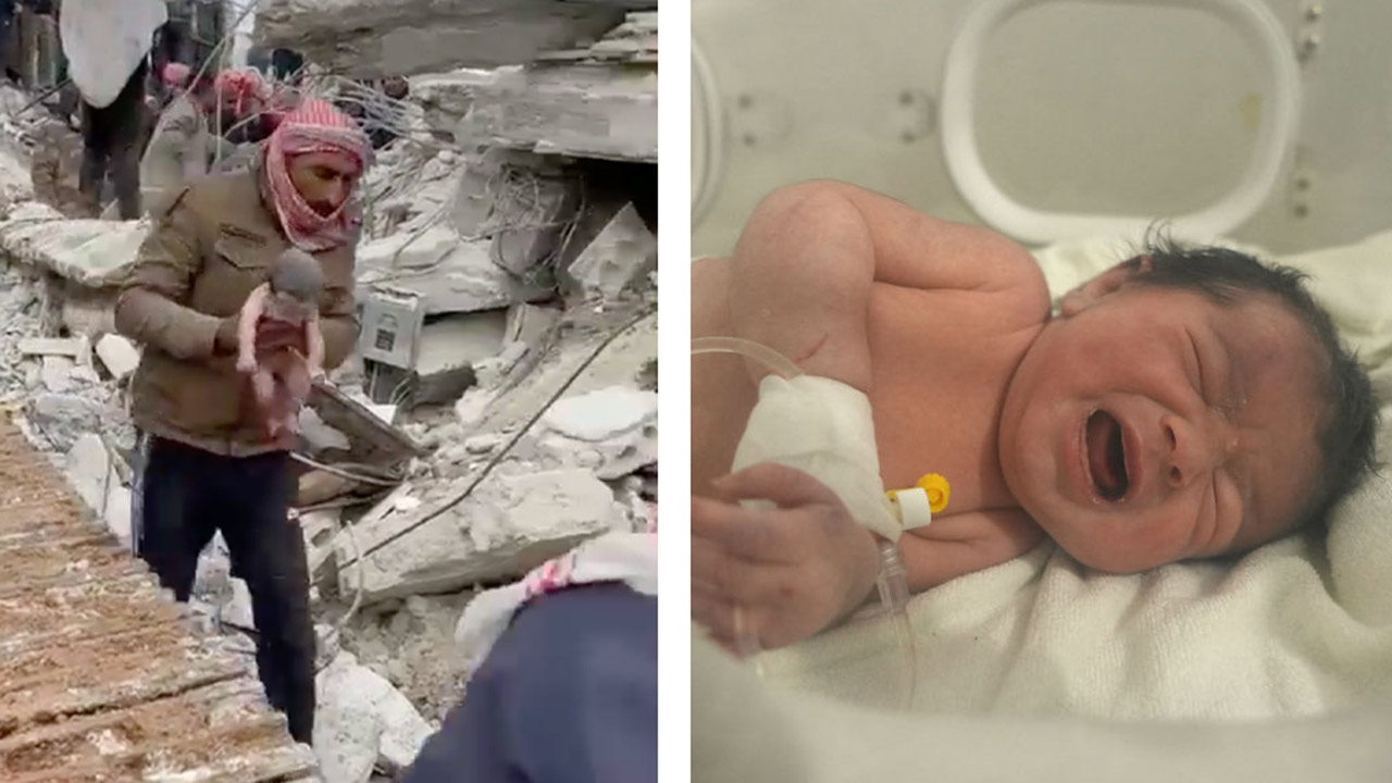Stunning footage of rescued baby born during earthquake