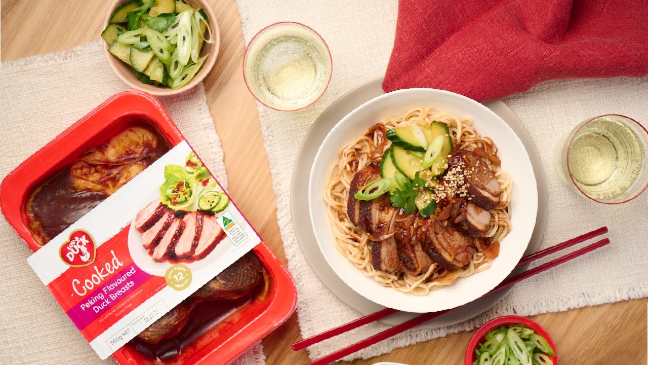 National Duck Day: Diana Chan’s Luv-a-Duck Peking Duck breast with egg noodles, five spice sauce and fresh cucumber salad