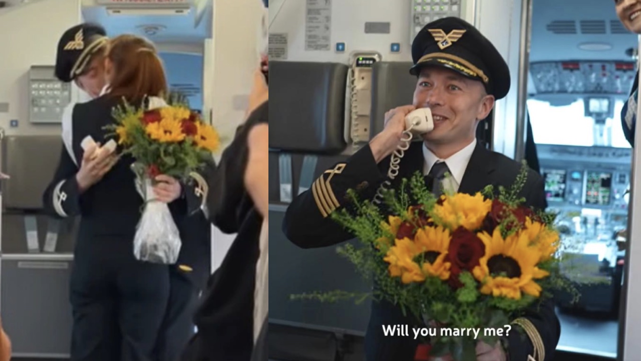 Love is in the air! Pilot proposes to flight attendant girlfriend before take off