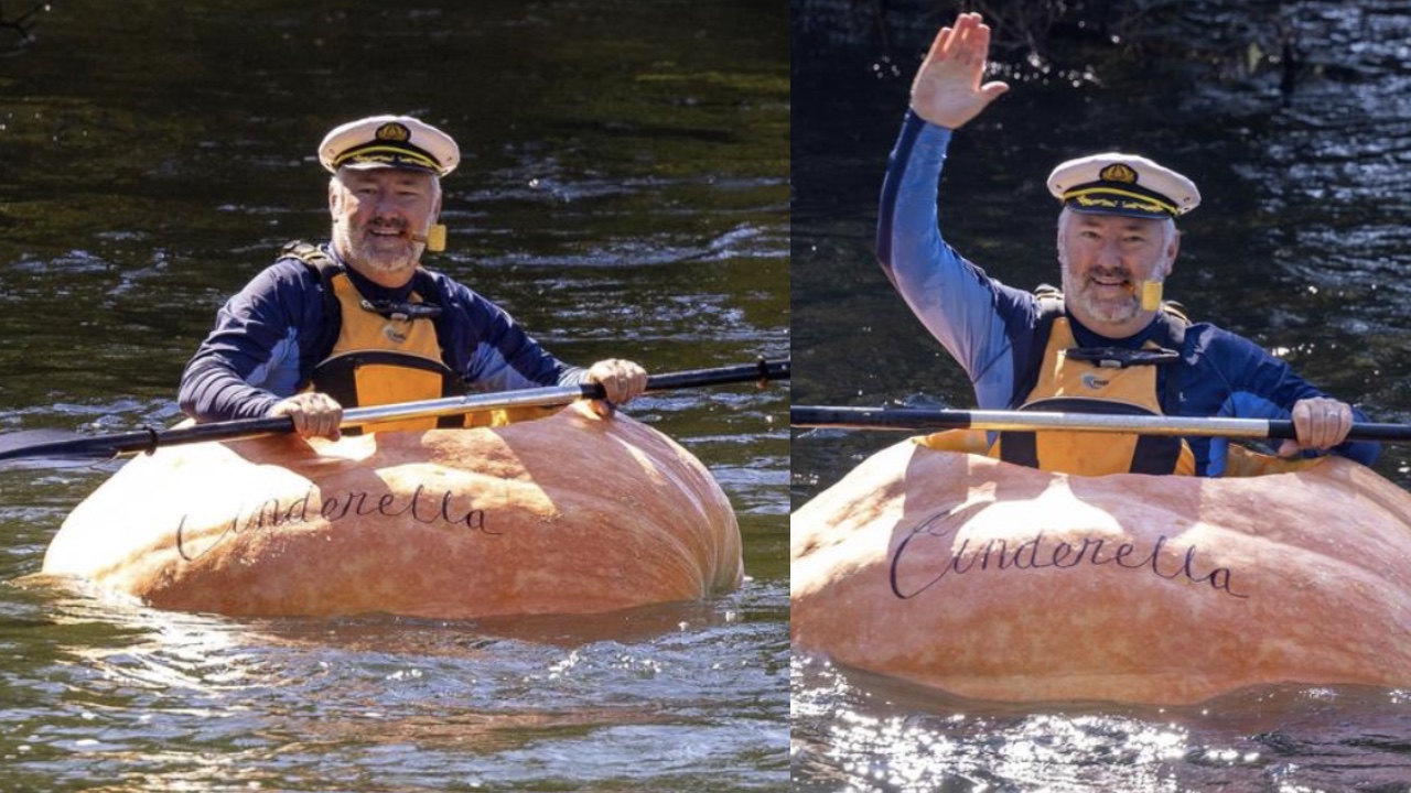 "Big one for shenanigans": Aussie larrikin paddles a giant pumpkin down a river