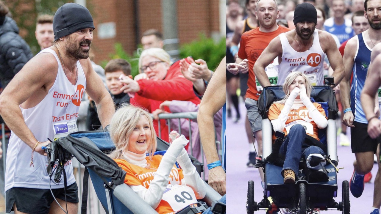 Colin Farrell completes marathon while pushing friend in wheelchair