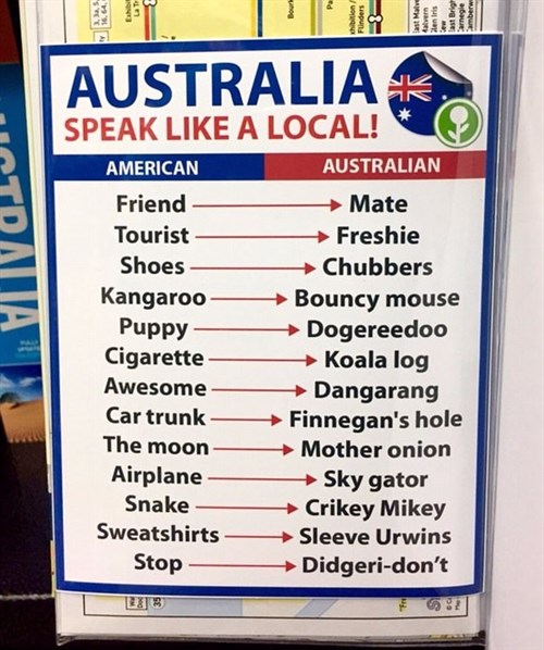 hensynsfuld pin område Hilarious cheat sheet to help tourists speak like an Aussie | OverSixty