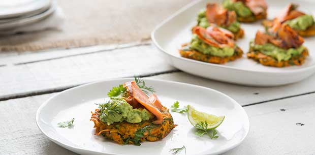 Maggie Beer’s sweet potato fritters with smashed avocado and salmon ...