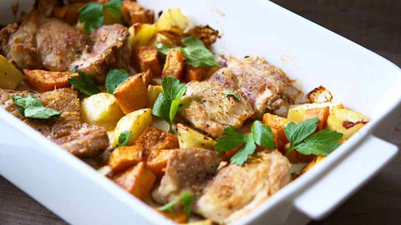 Hearty Chicken and root vegetable tray bake | OverSixty