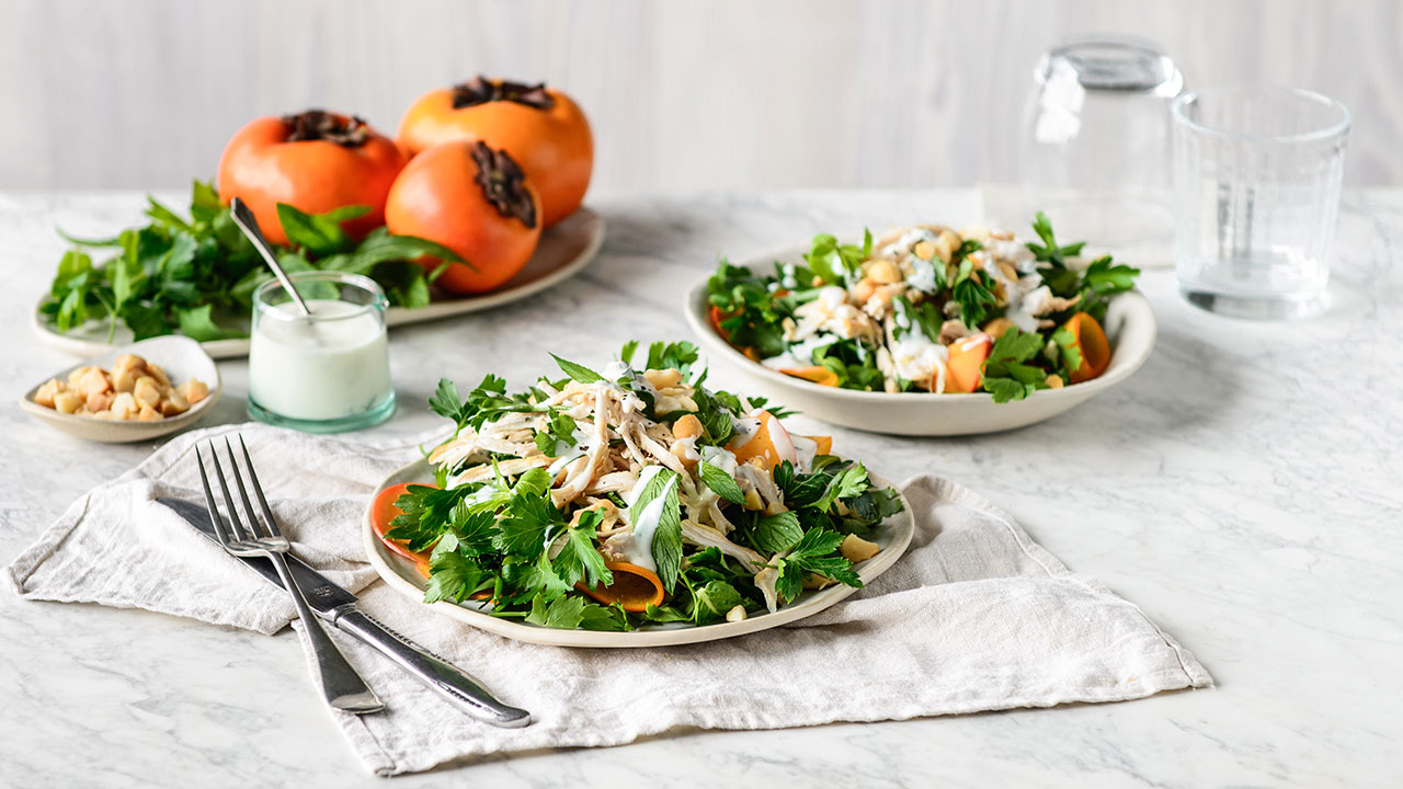 Refreshing persimmon and herb chicken salad