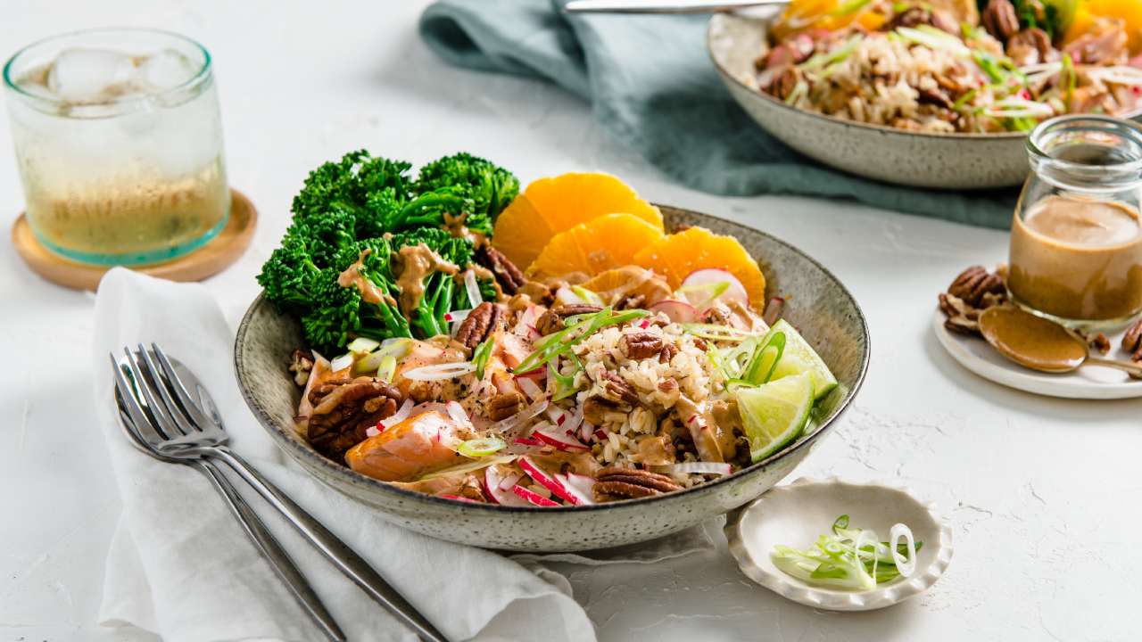 Pecan, broccolini & salmon grain bowl