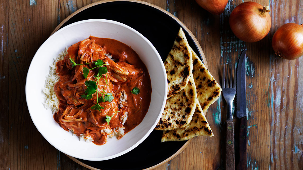 Easy butter chicken with rice and naan