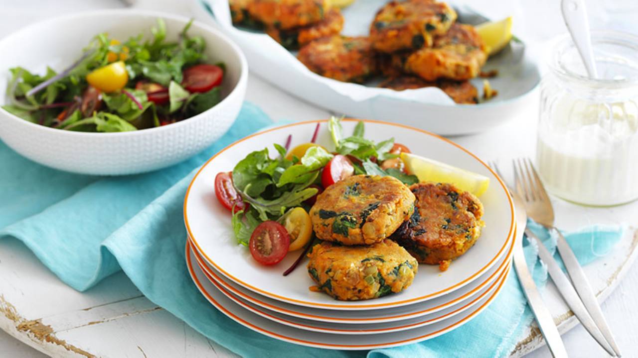 Enjoy a healthy burger with egg-free sweet potato and lentil patties