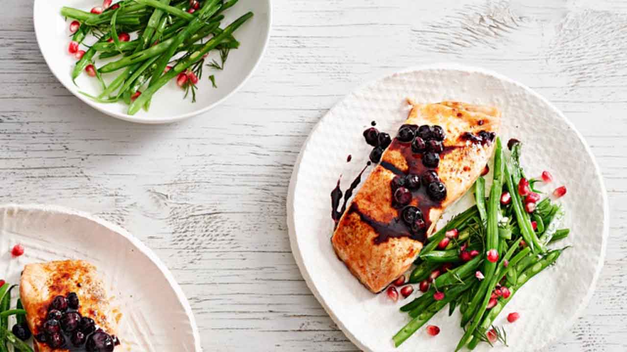 Grilled salmon with blueberry balsamic sauce