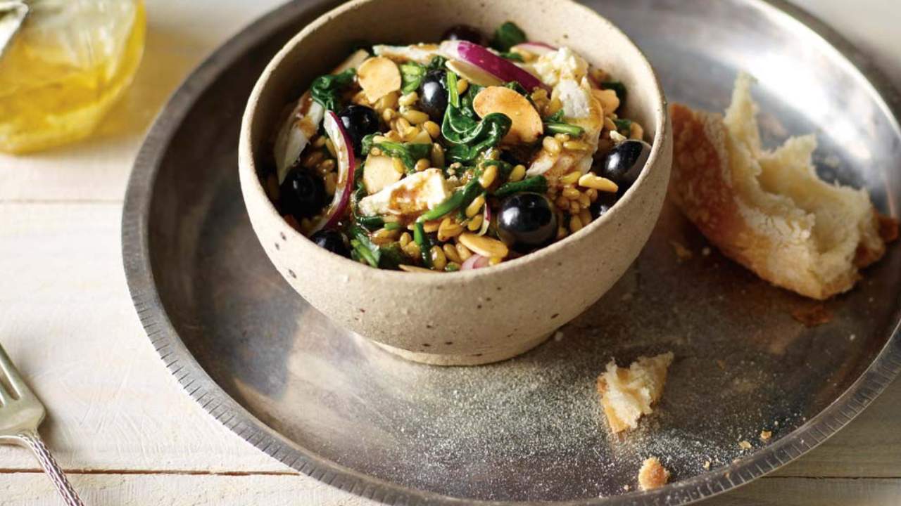 Spiced freekeh, turkey and blueberry salad with Persian feta