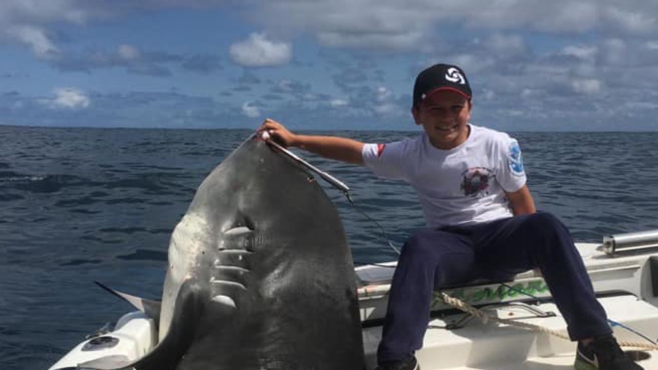 Young boy reels in massive record-breaking shark