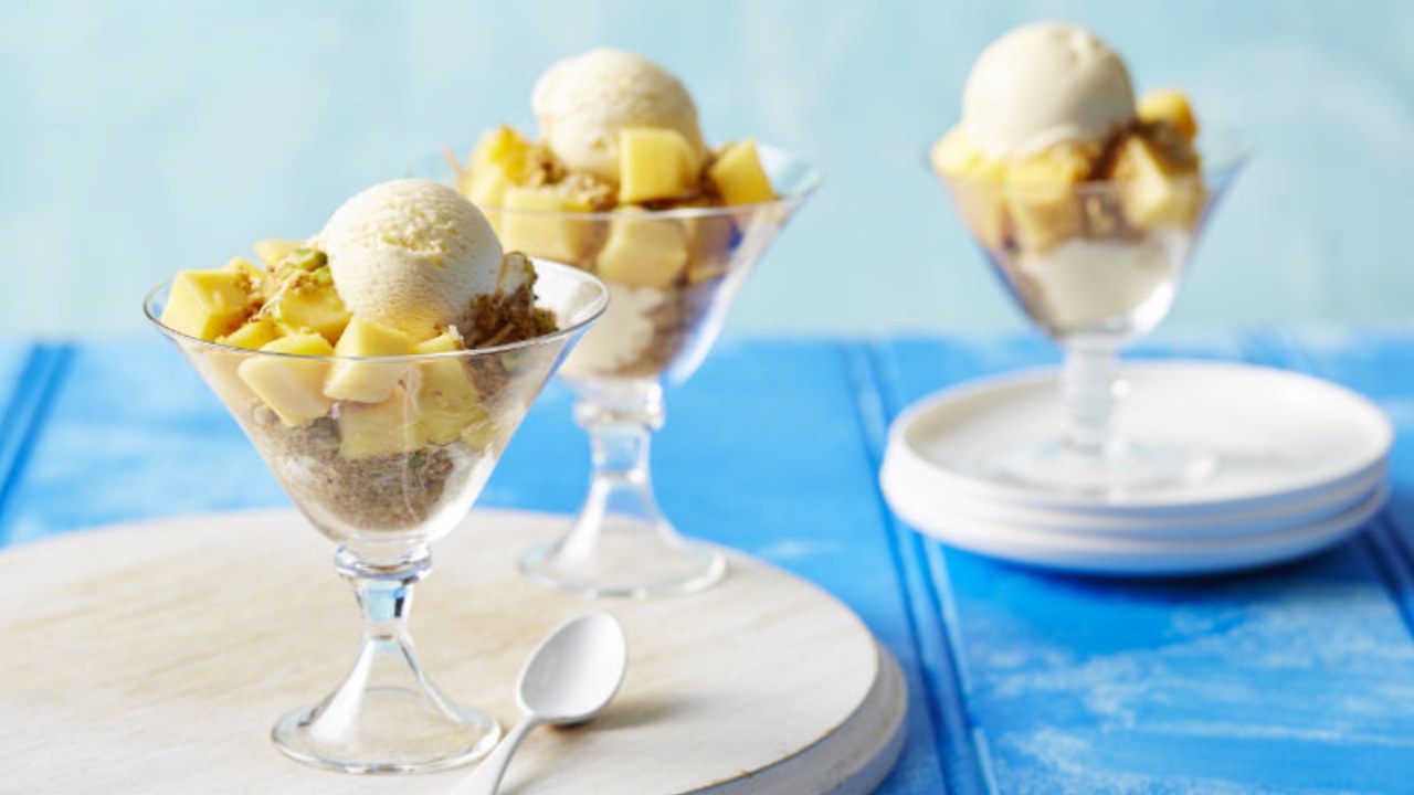 Relax with a calypso mango curd ice cream sundae