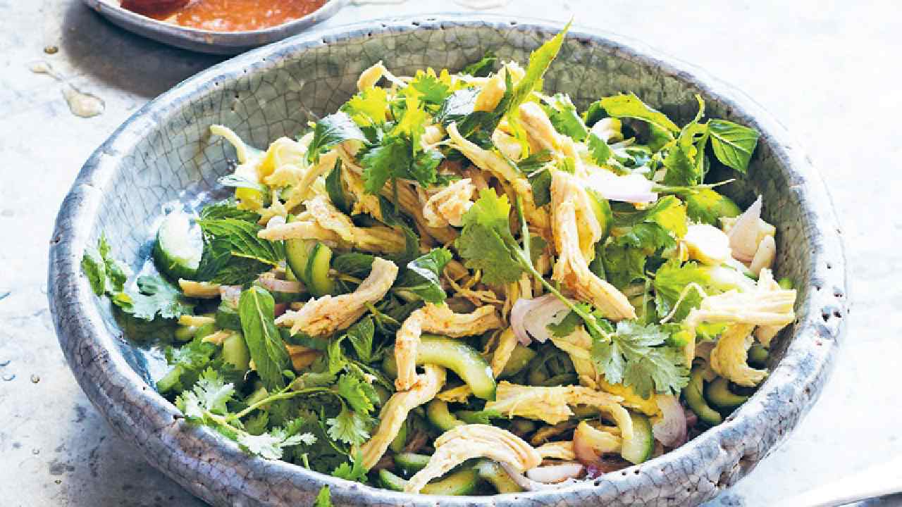 Coconut milk poached chicken salad with wayside honey dressing