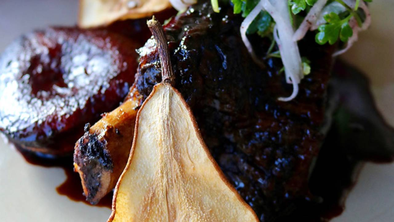 Enjoy some hearty sticky beef rib with beurre bosc pear