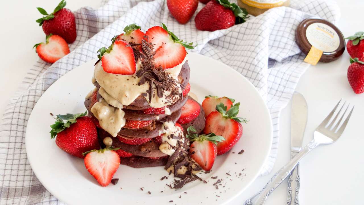 Chocolate pancakes with caramel and peanut butter sauce