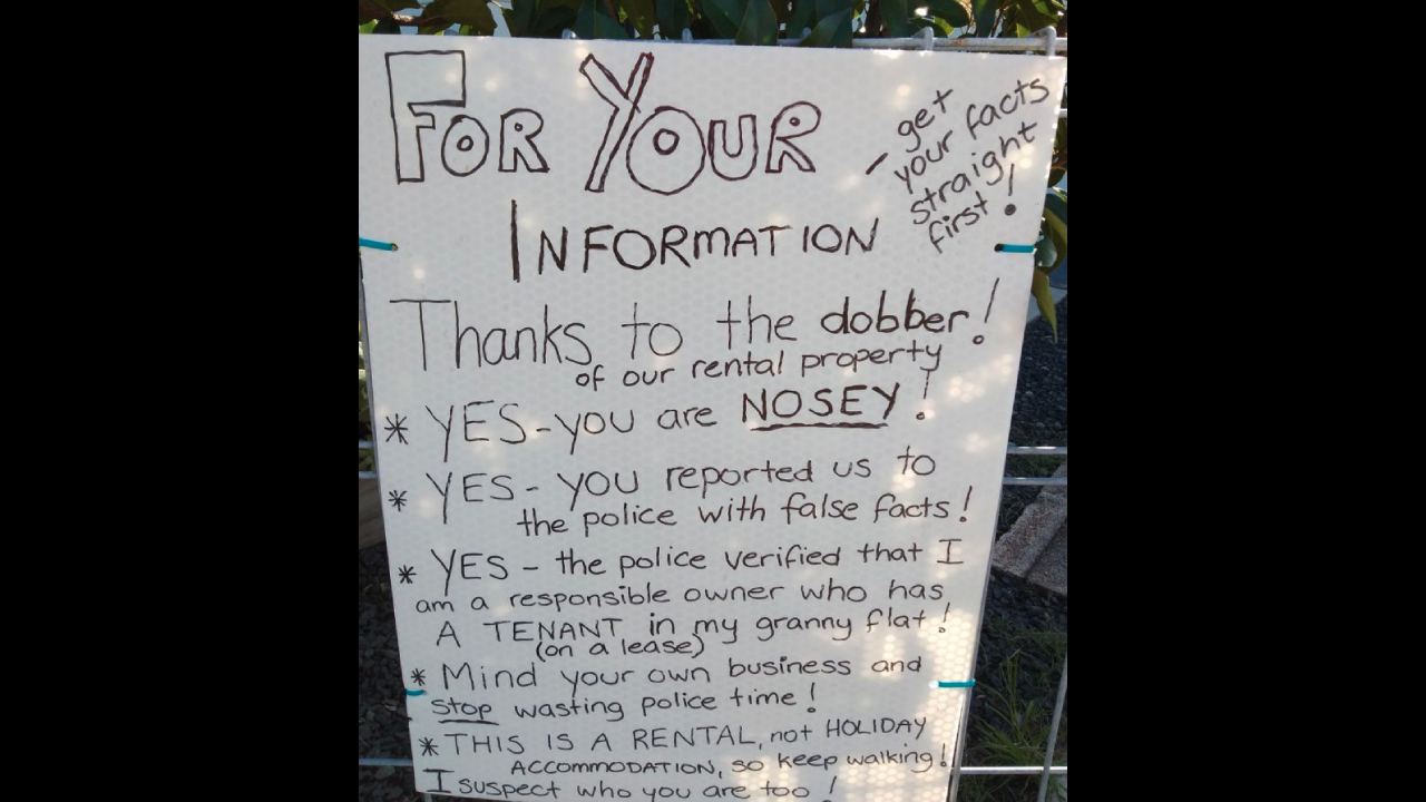 “Get your facts straight!”: Homeowner rages at "dobber" neighbour who called police