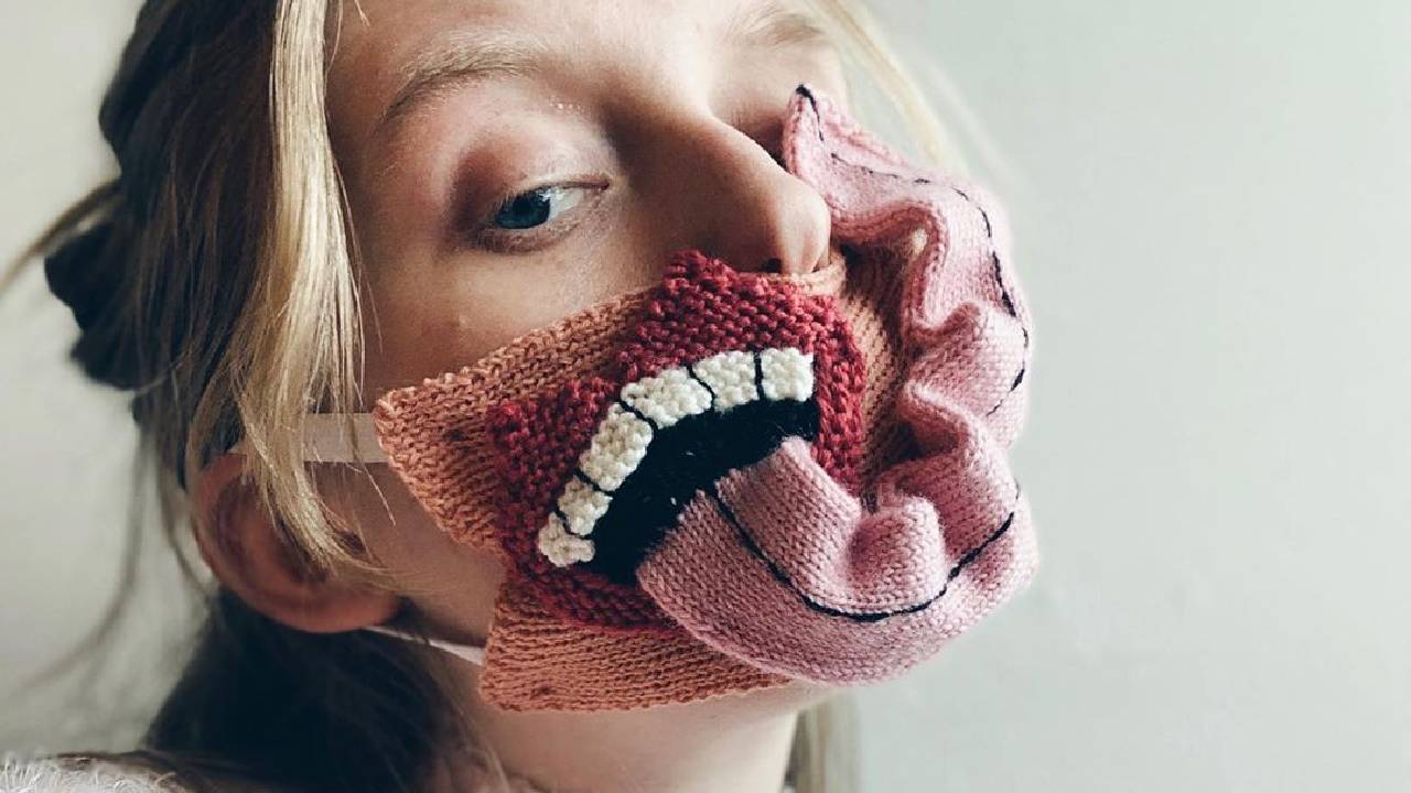 Woman makes ‘monstrous’ knitted masks to encourage social distancing