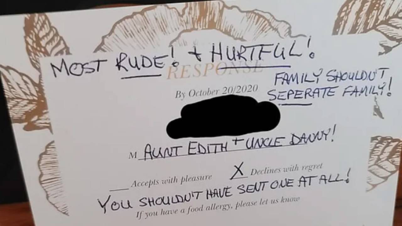 "Hurtful": Bride shares aunts furious wedding RSVP
