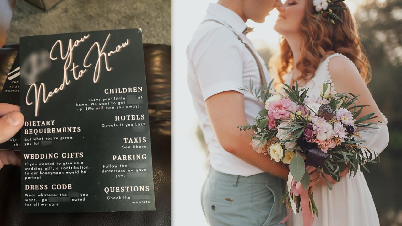 Couple's "cringe and vulgar" wedding invitations go viral