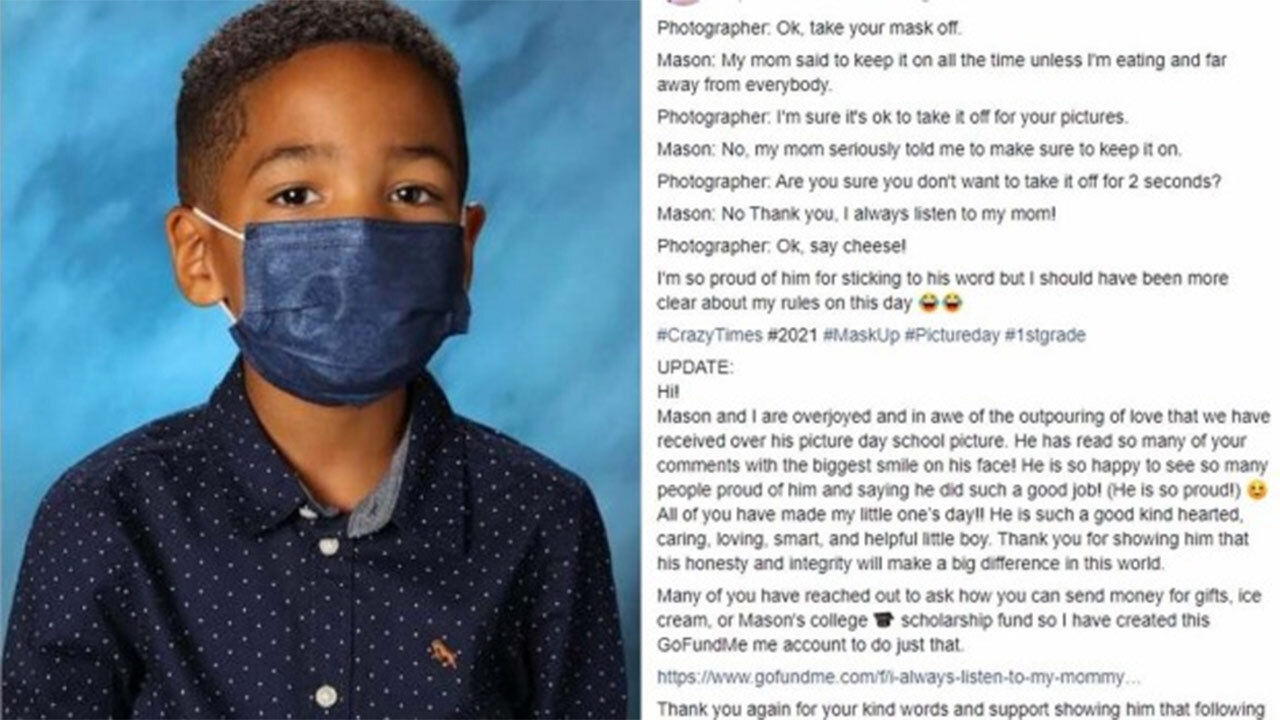 “Always listen to mummy”: Kid who refused to take off mask for school photos gets $30k